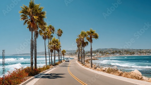A coastal road lined with palm trees under a bright blue sky, car driving