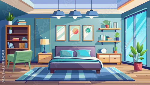 Empty modern bedroom interior in a stylish home, featuring simple furniture and a clean living space with no people, creating a peaceful and contemporary interior scene