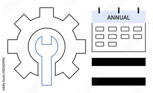 Gear and wrench symbol beside annual calendar outline concept of scheduled maintenance and operational planning. Ideal for planning, repair, organization, management, system stability, engineering
