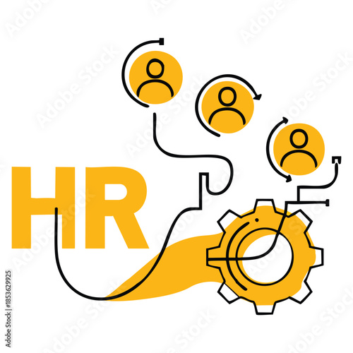 HR management strategy concept human resources circular emblem people group in gear semicircle yellow color thin lines geometric vector illustration