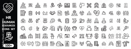 Set of   outline icons related to HR, Human Resources, Recruitment, Employment, business, office, company, management. Linear icon collection. Editable stroke. Human Resources big icon set design .
