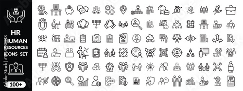 Set of   outline icons related to HR, Human Resources, Recruitment, Employment, business, office, company, management. Linear icon collection. Editable stroke. Human Resources big icon set design .
