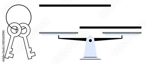 Two interlocked keys and a balance scale signifying security, equality, decision-making, justice, tradeoffs, responsibility, and precision. Ideal for legal, security equality balance and abstract