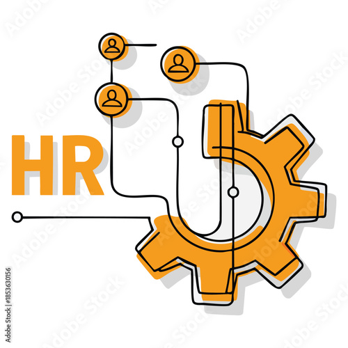 Human resources management concept vector illustration circular emblem with people group in gear semicircle yellow geometric design perfect for HR strategy visuals