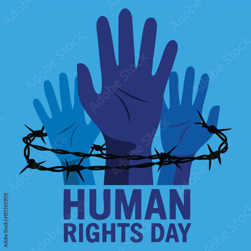 Human Rights Day poster vector illustration raised hands silhouette behind barbed wire ideal for awareness campaign December 10 important day design