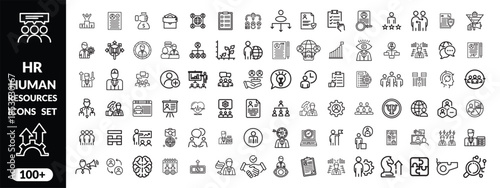 Set of   outline icons related to HR, Human Resources, Recruitment, Employment, business, office, company, management. Linear icon collection. Editable stroke. Human Resources big icon set design .
