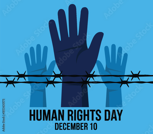 Human Rights Day vector poster illustration raised hands silhouette icon behind barbed wire suitable for December 10 awareness event and campaign graphics