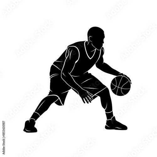 Silhouette illustration of a basketball player dribbling the ball in a low stance, isolated on white background.
