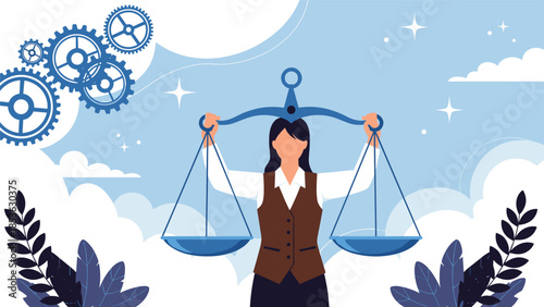 Illustration of a businesswoman holding the scales of justice, with gears in the background, representing business ethics and legal balance.