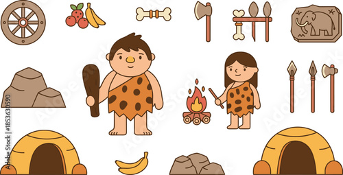 Stone age caveman cartoon illustration set, prehistoric family, primitive tools, ancient lifestyle elements, cute vector icons collection