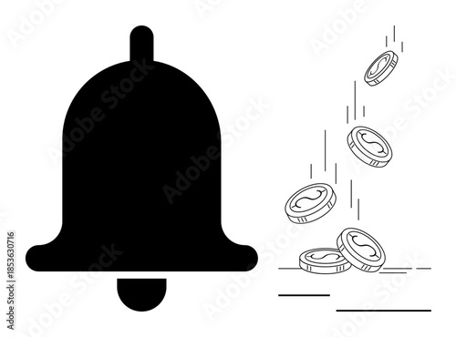 Notifications, financial tracking, earning alerts, payments, reminders, spending. Black silhouette of a bell and falling coins. Notifications and financial tracking concept