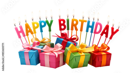 Colorful birthday gifts with happy birthday candles celebration