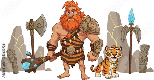 Fantasy caveman warrior illustration, stone age hero with axe, prehistoric armor, tiger companion, ancient magic weapons, cartoon vector art