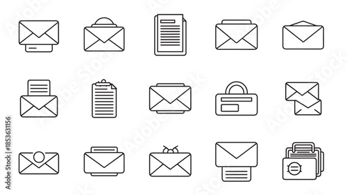 A collection of black and white line art icons depicting various mail, envelope, document, and communication symbols for business and technology.