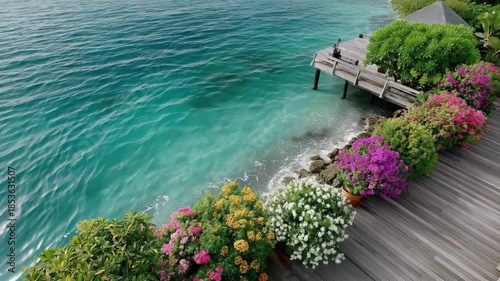 Tropical Paradise with Vibrant Flowers and Crystal Clear Waters