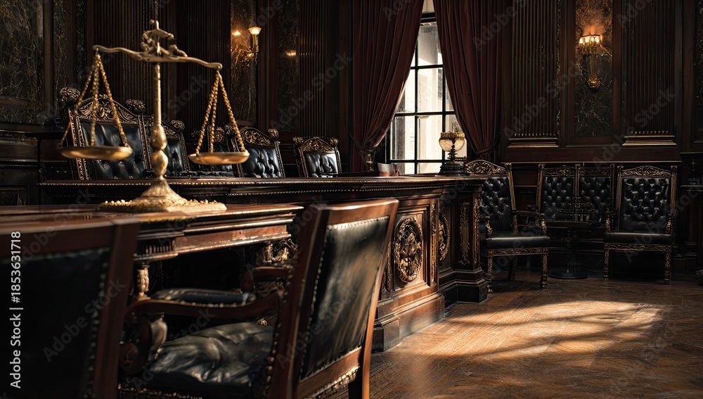 Obraz premium Ornate courtroom with scales of justice, dark wood, red drapes, and chairs