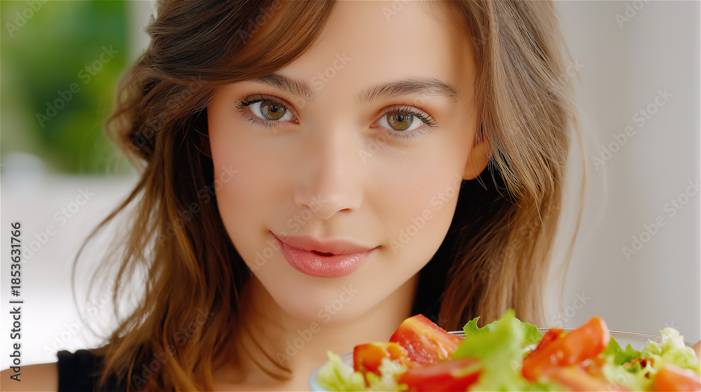 Fototapeta premium Close portrait of a young woman holding a fresh salad bowl and looking at camera, healthy eating concept for nutrition, wellness lifestyle, balanced diet and self care.