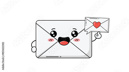 Cute kawaii cartoon envelope character holding up a smaller love letter with a heart, isolated on a clean white background.