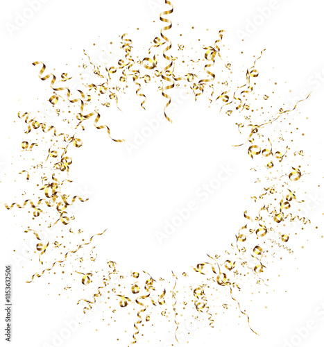 Golden serpentine ribbons frame. Confetti round banner. Luxury streamers decoration for anniversary, Christmas and New Year card. Fun explosion for sale design, wedding invitation. Vector illustration