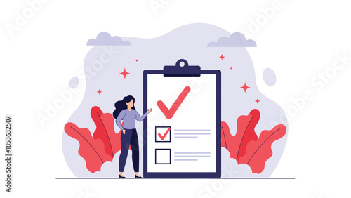 Professional woman standing next to a large clipboard with a checklist, illustrating task completion, project management, and planning.