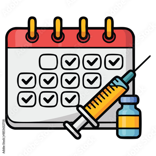 Immunization schedule vaccination calendar color icon isolated vector design showing health plan disease prevention timing of shots and medical protective care theme