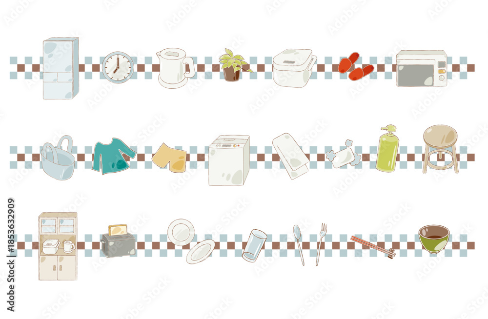 Naklejka premium Household Appliances and Daily Items Decorative Line Illustration
