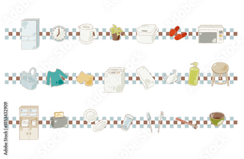 Household Appliances and Daily Items Decorative Line Illustration