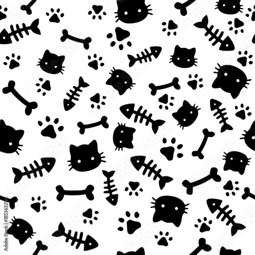 Seamless Pattern of Cute Cat Faces with Paw Prints and Fish Bones