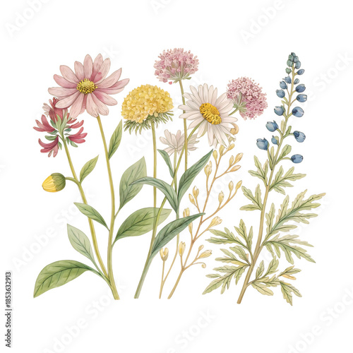 Colorful flowers and leaves on black background isolated on a transparent background pink yellow