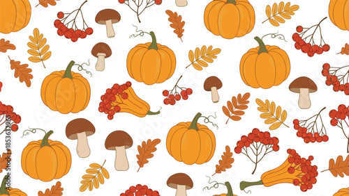Colorful seamless autumn pattern with orange pumpkins, mushrooms, rowan berries, and fall leaves scattered on a white background.