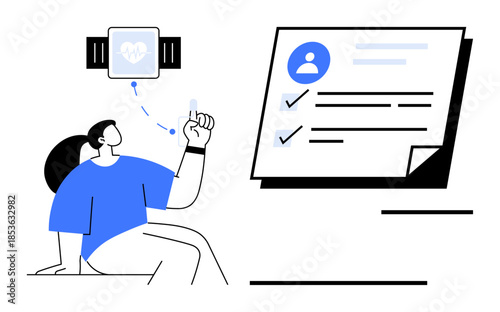 Female sitting with smartwatch displaying heart rate, connected to checklist with progress ticks. Ideal for health tracking, productivity, fitness, goal planning, self-care, wearables, wellness