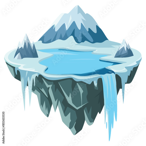 Isometric cartoon icy island vector illustration suitable for game design environment frozen landscape winter theme or imaginative creative scenes