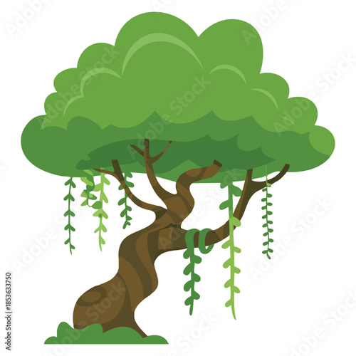 Jungle landscape element featuring tropical tree with hanging liana vector illustration suitable for tropical nature scenery backgrounds and design