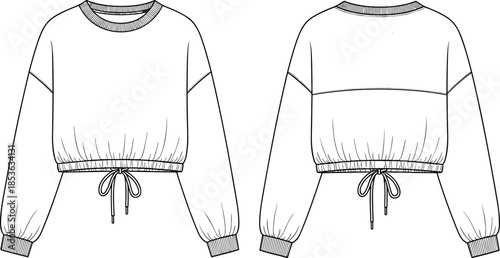 Basic Womens Short Sleeve T-Shirt Technical Flat Sketch with Contrast Ribbed Neckband Raglan Sleeves and Curved Shirttail Hem Vector Illustration