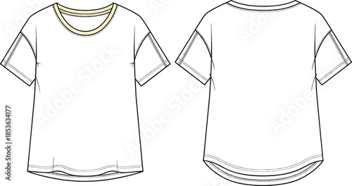 Basic Womens Crew Neck T-Shirt with Raglan Seams Short Sleeves and Rounded Shirttail Hem Technical Flat Sketch Vector Template Illustration