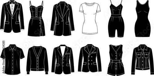 Fashion apparel icon set with formal suits dresses jackets and casual shirts isolated on white background for clothing design