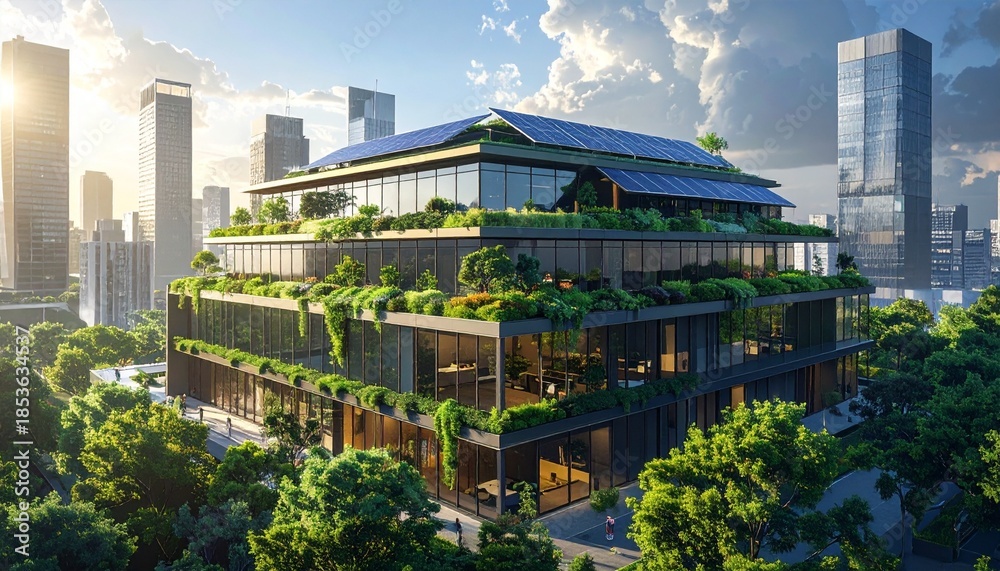 Obraz premium A sustainable office building with green terraces, solar panels, glass walls and warm natural light in an urban environment. 