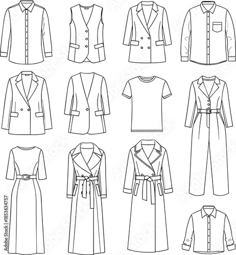 Hand drawn minimalist clothing line art icons featuring trench coats blazers and dresses for fashion retail or coloring pages