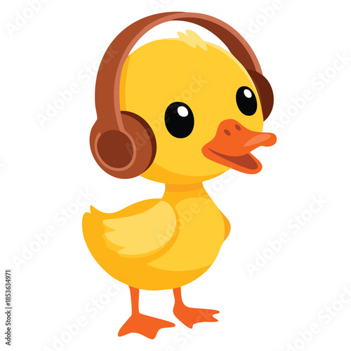 Little yellow duck chick listening to music on headphones vector illustration cute emoji character perfect for children playful fun and cartoon themed designs