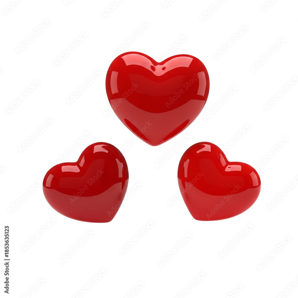 Fototapeta premium Three shiny red hearts on a transparent background for love concepts