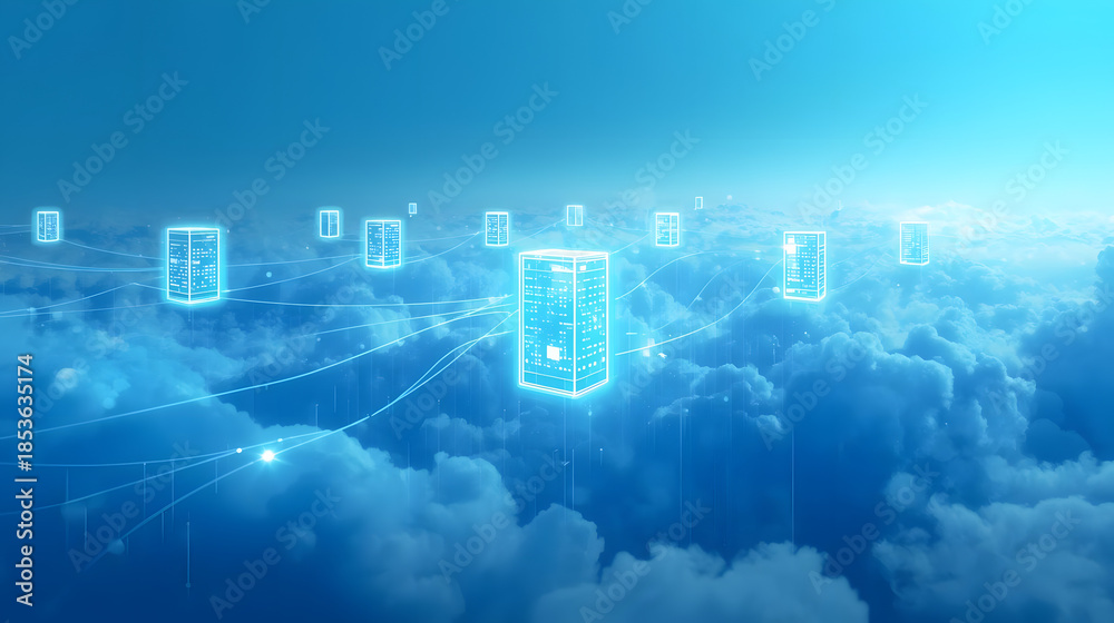 Obraz premium Futuristic cloud computing network with glowing servers and connections