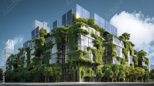 modern sustainable architecture with greenery and solar panels under a clear blue sky in an urban setting
