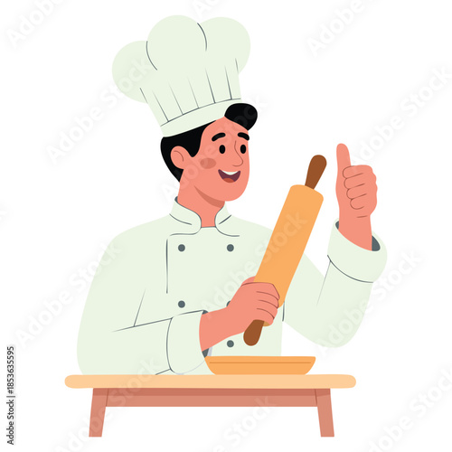 Male baker character in uniform rolling dough vector illustration suitable for bakery food cooking and culinary creative artwork or instructional designs