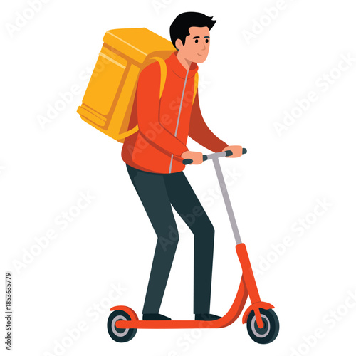 Male courier riding kick scooter with parcel box on back vector illustration fast shipping delivery of goods cartoon style design for logistics and transport