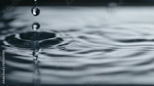 Extreme macro slow motion capture of clear liquid droplets falling onto a still water surface creating perfectly circular, expanding rings of visual rhythm drop falling, subtle action, physics