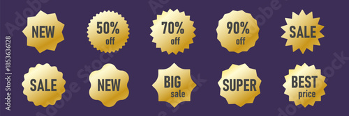 Set of sunburst stickers. Golden scallop labels with text new, sale, best price. 50% price tag 