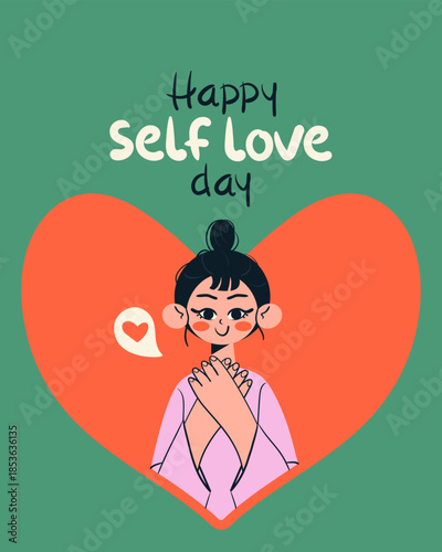 Сute Happy self love day greeting card with girl embraces herself. Doodle style vector illustration.