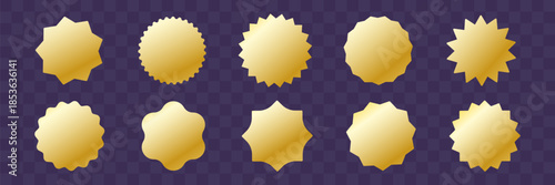 Golden badges set. Wavy edges Label price tag collection. Promo bonus stamp. 