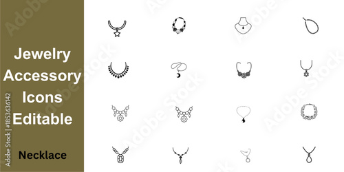 Modern Necklace and Jewelry Accessory Icon Set in Minimalist Black Line Art