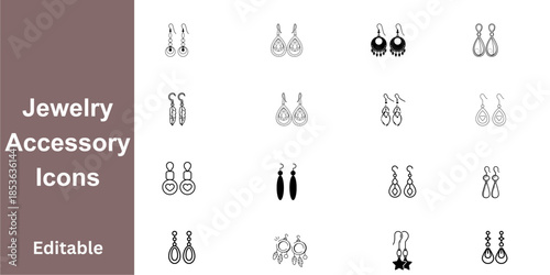 Set of 16 Women's Earring Icons Featuring Different Jewelry Styles in Black Line Art
